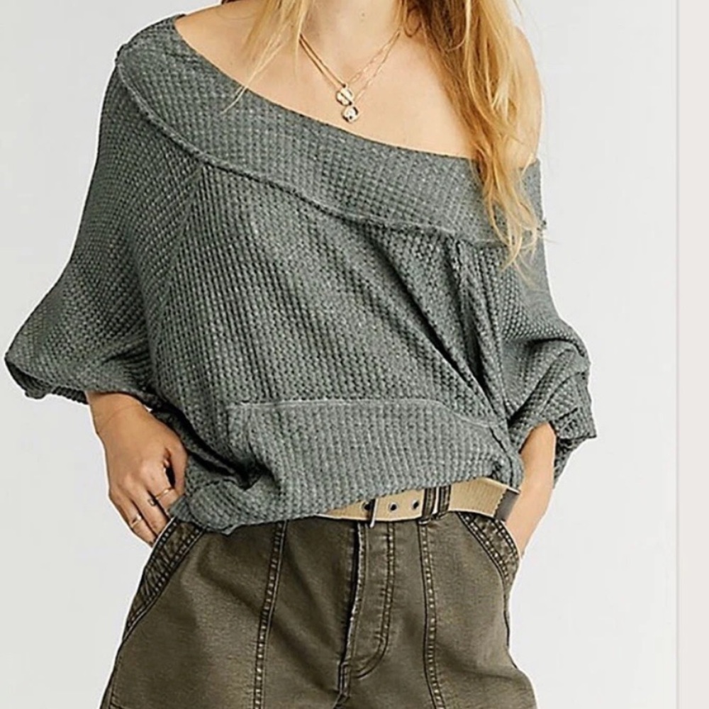 We The Free People Westend Thermal Off-Shoulder Army‎ Green Sweater